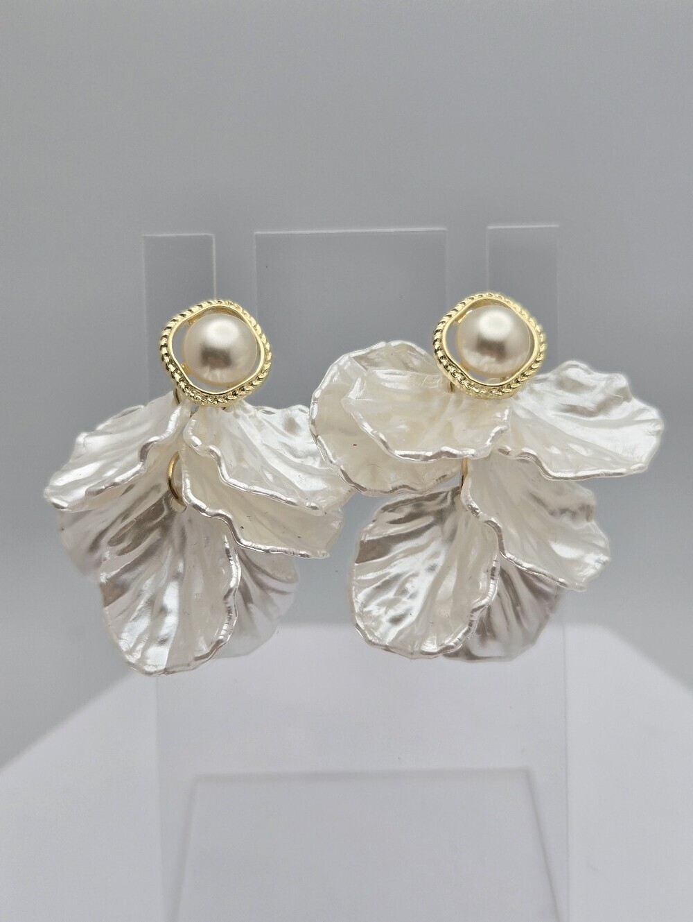 Pearl Magic White Petal Statement Drop Earrings Sterling Silver Posts New 1.5"